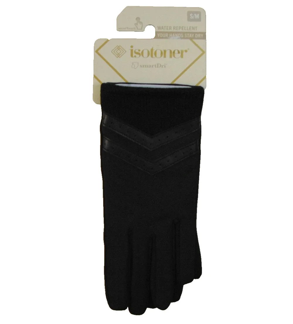 Isotoner Womens smartDRI Spandex Gloves with Rib Knit Cuff Black S/M NWT